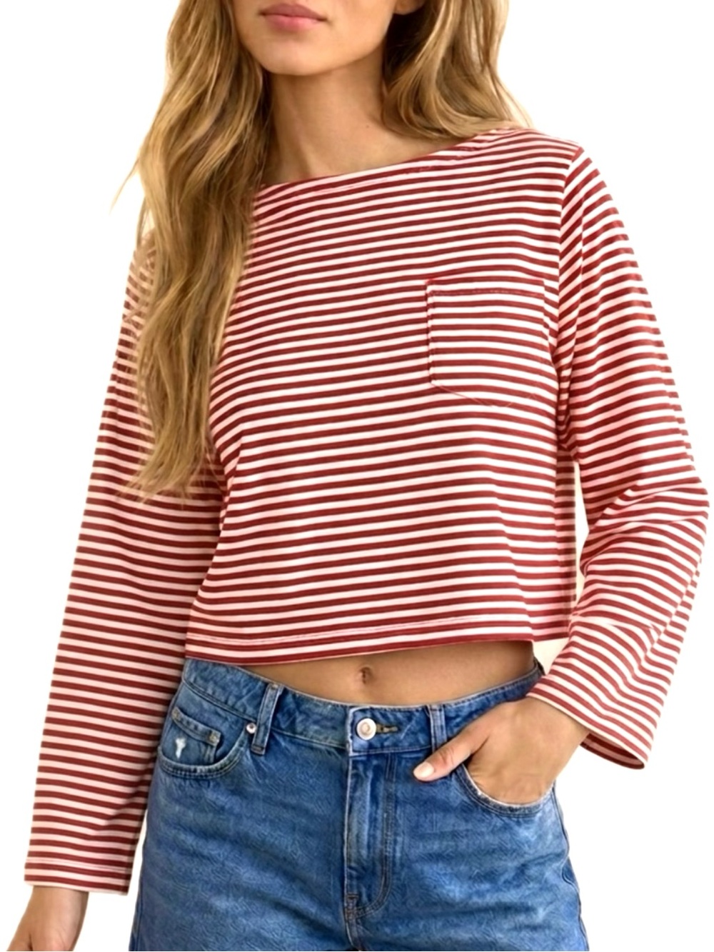 Zara Striped Boatneck Long Sleeve Pocket Tee Girls Size 14 Womens XS Red & White